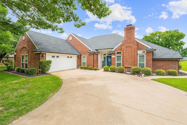 view of front of house with a garage and a front lawn