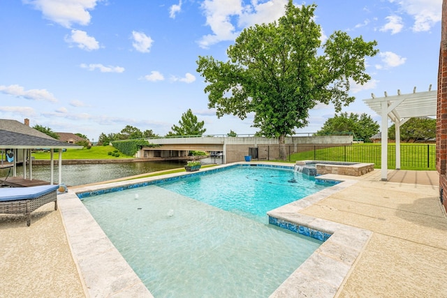 view of swimming pool with an in ground hot tub, a pergola, a patio, and a water view