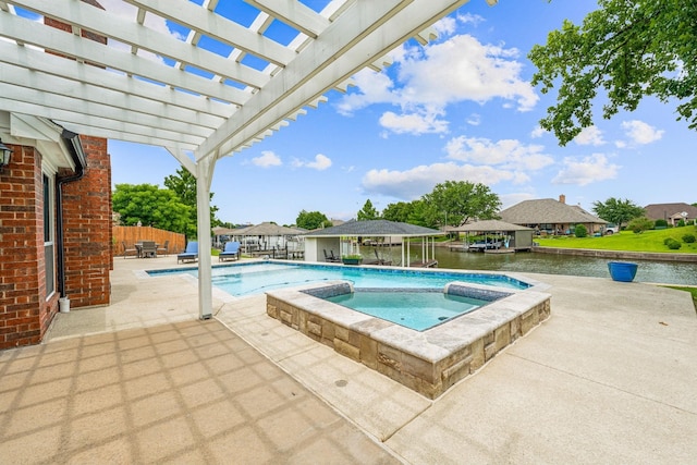 view of swimming pool featuring a pergola, a water view, an in ground hot tub, and a patio