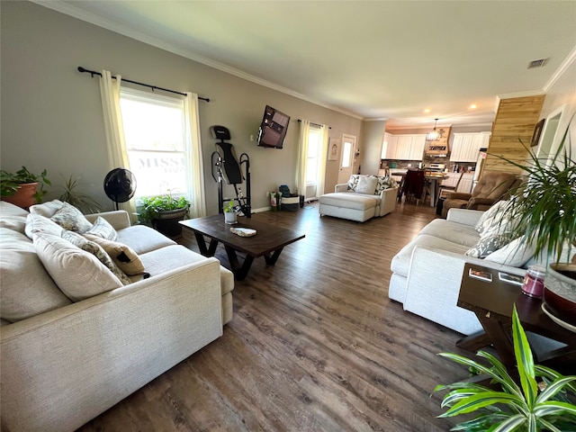 living room with ornamental molding and dark hardwood / wood-style floors