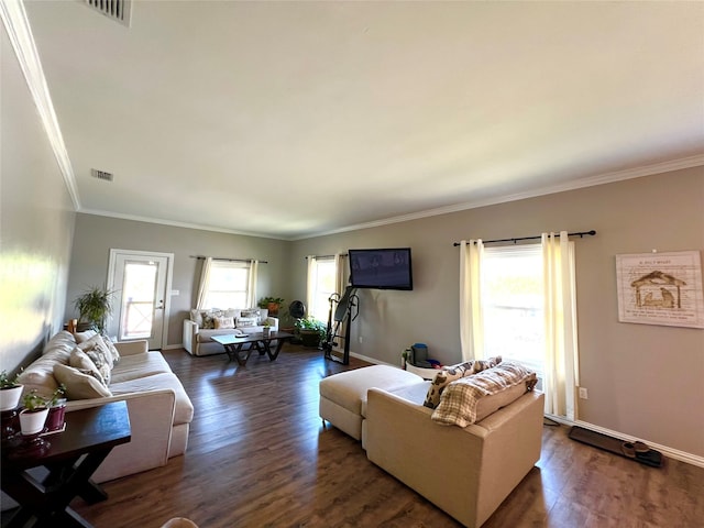 living room featuring dark hardwood / wood-style floors and crown molding