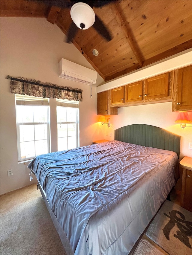 bedroom featuring lofted ceiling with beams, wood ceiling, a wall mounted air conditioner, and carpet floors