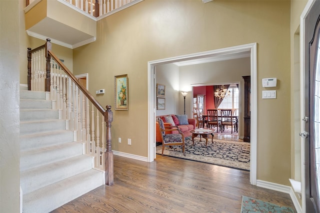 entrance foyer with a high ceiling, hardwood / wood-style flooring, and ornamental molding