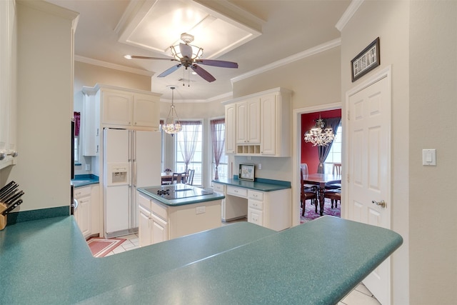 kitchen with ornamental molding, kitchen peninsula, white fridge with ice dispenser, and white cabinets