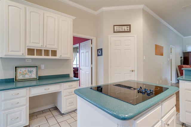 kitchen featuring crown molding, black electric stovetop, light tile patterned floors, white cabinets, and a center island