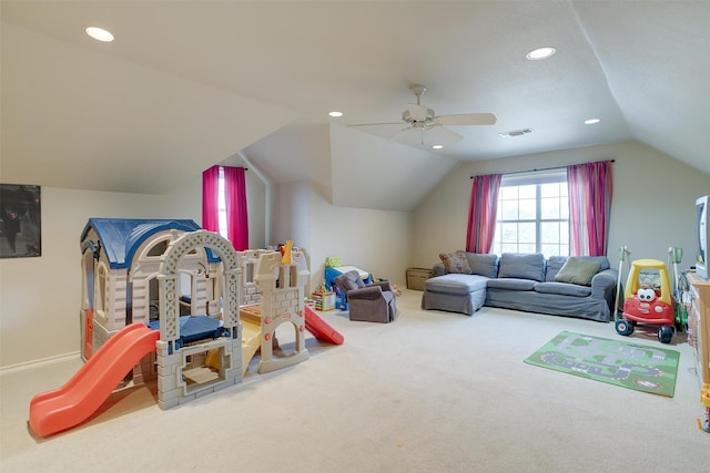 recreation room featuring lofted ceiling, carpet flooring, and ceiling fan