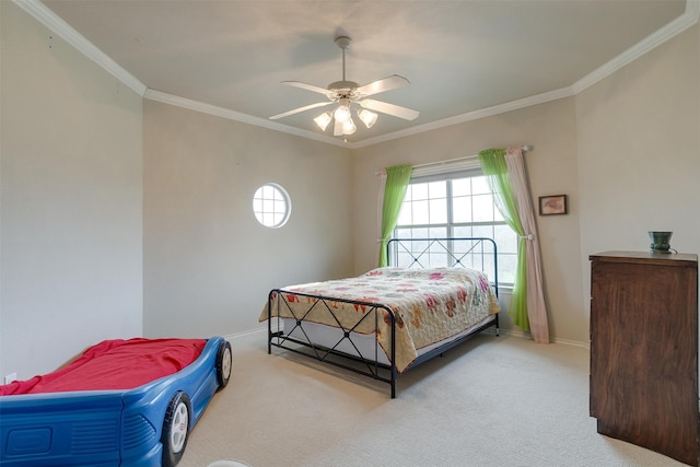 bedroom with ceiling fan, light carpet, and ornamental molding