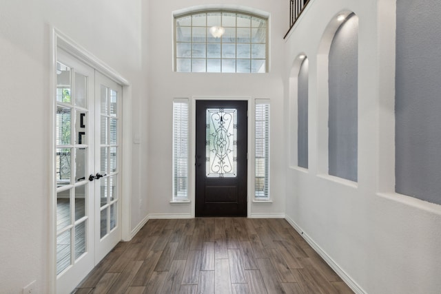 foyer entrance featuring french doors, a high ceiling, and dark hardwood / wood-style floors