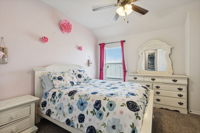 bedroom with lofted ceiling, carpet flooring, and ceiling fan