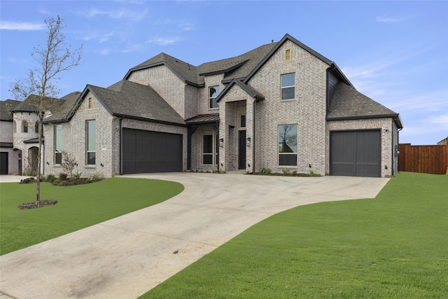 french country home featuring a garage and a front lawn