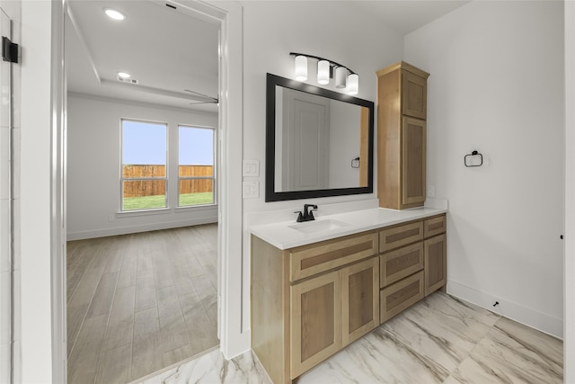 bathroom featuring vanity and wood-type flooring