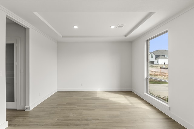 empty room with light hardwood / wood-style floors, a healthy amount of sunlight, and a tray ceiling