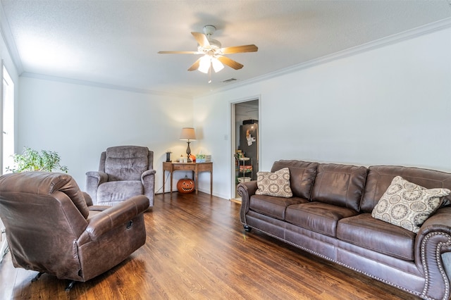 living room featuring crown molding, dark hardwood / wood-style flooring, and ceiling fan