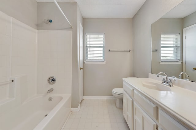 full bathroom with bathtub / shower combination, toilet, and vanity