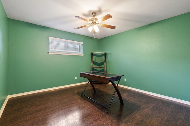 home office featuring ceiling fan and dark hardwood / wood-style flooring