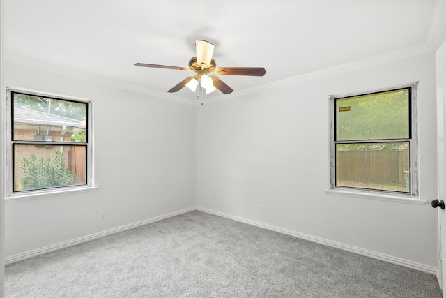 carpeted spare room featuring crown molding and ceiling fan