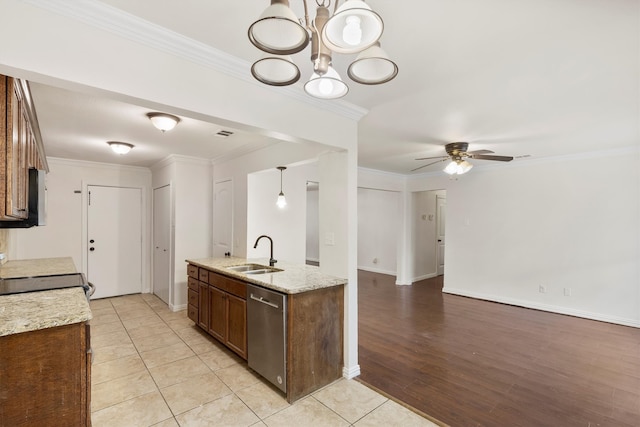 kitchen featuring light wood-type flooring, ceiling fan with notable chandelier, sink, ornamental molding, and stainless steel dishwasher