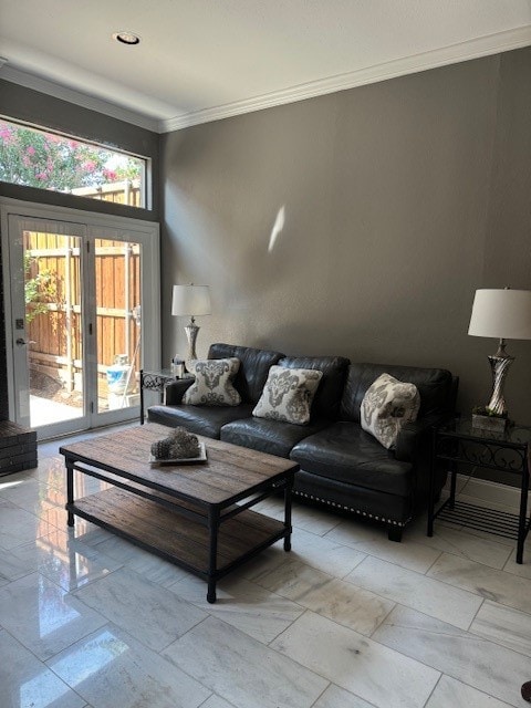 living room with crown molding