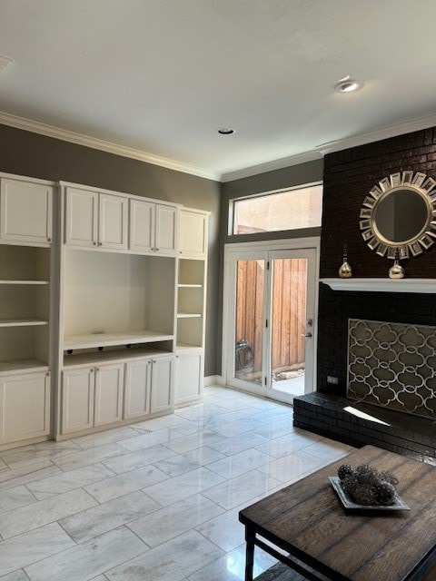 unfurnished living room with crown molding and a fireplace