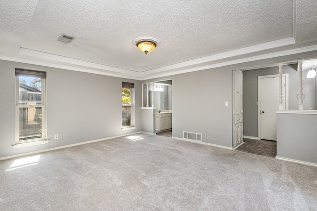 unfurnished room with carpet, a healthy amount of sunlight, a raised ceiling, and a textured ceiling