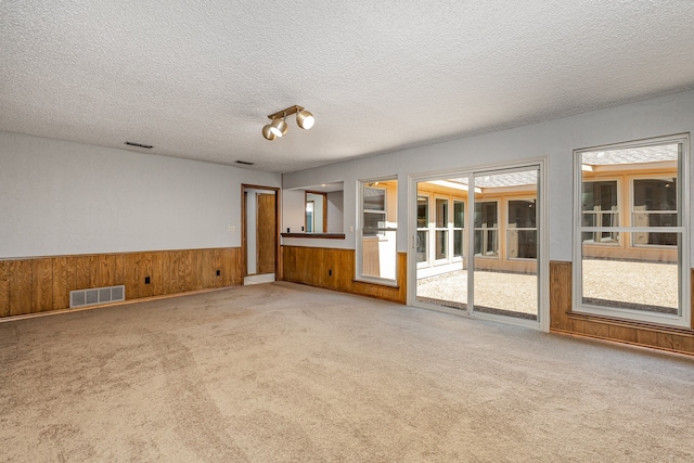 carpeted spare room with a textured ceiling and wooden walls