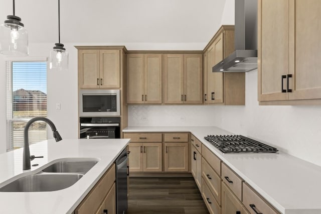 kitchen with dark wood-type flooring, wall chimney range hood, stainless steel appliances, sink, and hanging light fixtures