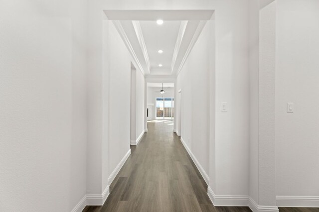 hallway featuring dark hardwood / wood-style flooring, a tray ceiling, and ornamental molding