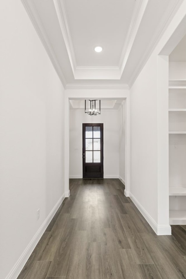 foyer with ornamental molding, dark hardwood / wood-style floors, a tray ceiling, and a notable chandelier