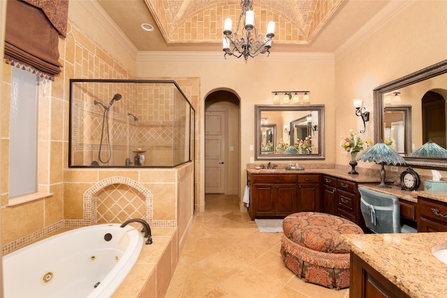 bathroom featuring an inviting chandelier, tile patterned flooring, vanity, independent shower and bath, and ornamental molding