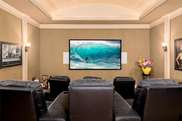 home theater room with a tray ceiling and crown molding