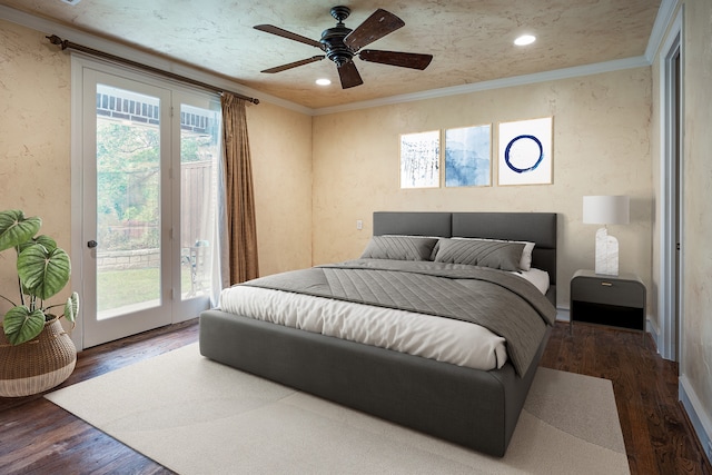 bedroom featuring access to exterior, ceiling fan, ornamental molding, and dark wood-type flooring