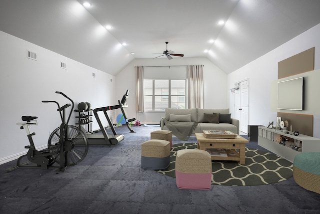 exercise room featuring vaulted ceiling, ceiling fan, and carpet