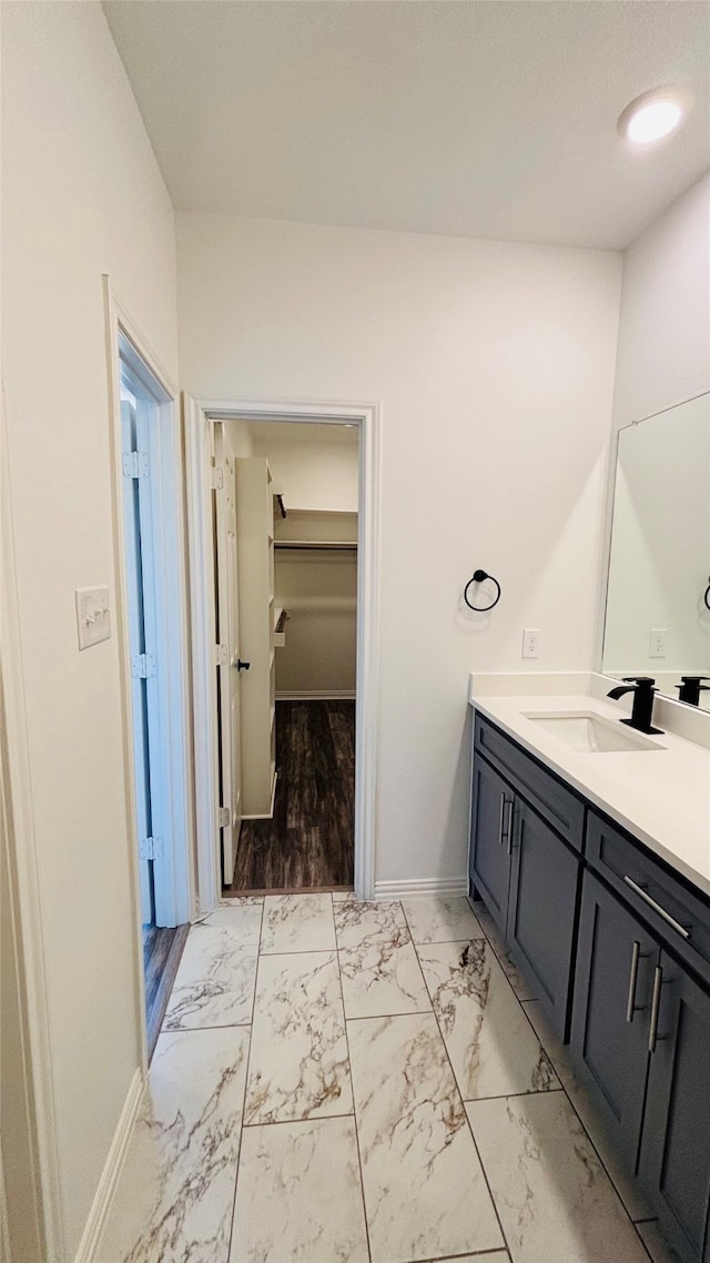 bathroom with hardwood / wood-style floors and vanity