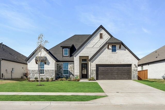 french provincial home featuring a front lawn and a garage