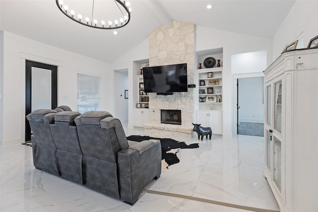 6770 Fm 1372nd Rd, North Zulch, TX 77872 - living room with a chandelier, beamed ceiling, built in features, and marble finish floor