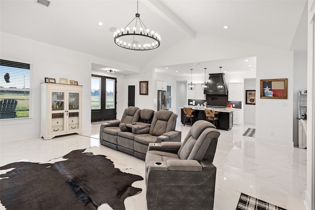 6770 Fm 1372nd Rd, North Zulch, TX 77872 - living room with a chandelier, a healthy amount of sunlight, beamed ceiling, and marble finish floor