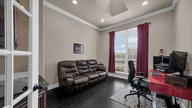 office space with crown molding, dark wood-type flooring, and a healthy amount of sunlight