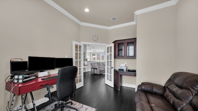 office area featuring dark hardwood / wood-style floors, crown molding, and french doors