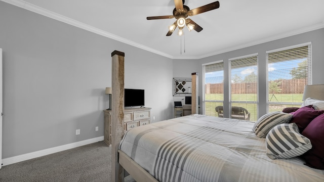 bedroom with ceiling fan, carpet floors, and crown molding