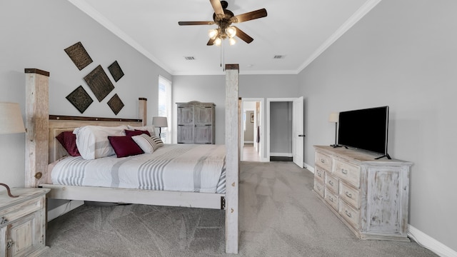 bedroom with ceiling fan, light colored carpet, and crown molding