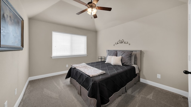 bedroom featuring ceiling fan, lofted ceiling, and carpet floors