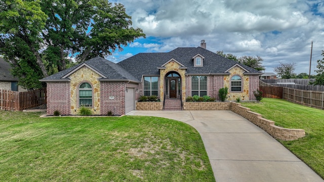 view of front facade featuring a front yard and a garage