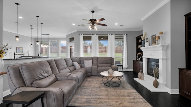 living room with dark hardwood / wood-style floors, ceiling fan, and ornamental molding