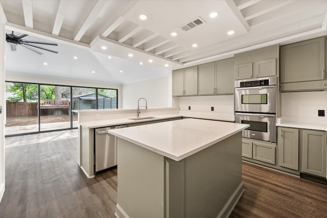 kitchen with ceiling fan, a kitchen island, stainless steel appliances, and sink