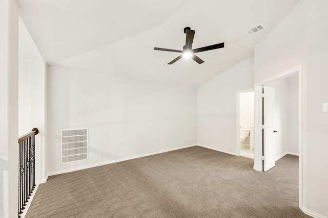 additional living space with lofted ceiling, carpet floors, and ceiling fan