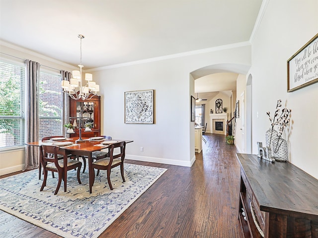 dining area featuring ornamental molding, a notable chandelier, a healthy amount of sunlight, and dark hardwood / wood-style flooring