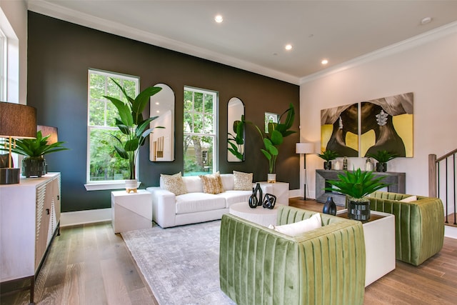 living room with crown molding and wood-type flooring