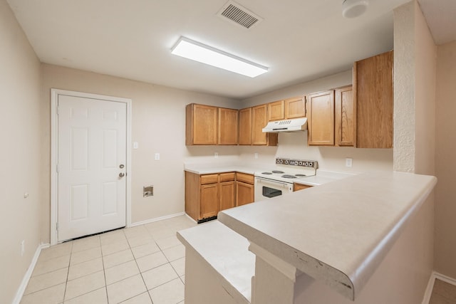 kitchen with kitchen peninsula, white electric range, and light tile patterned floors