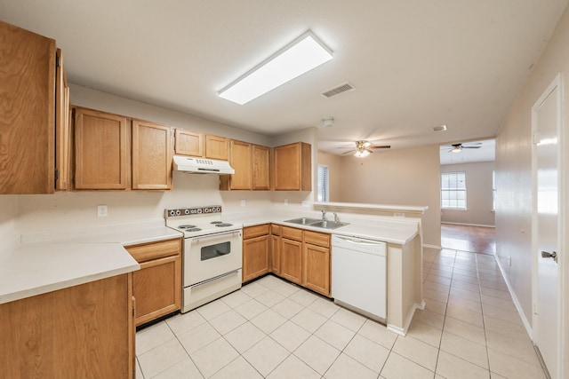 kitchen with sink, white appliances, light tile patterned floors, kitchen peninsula, and ceiling fan