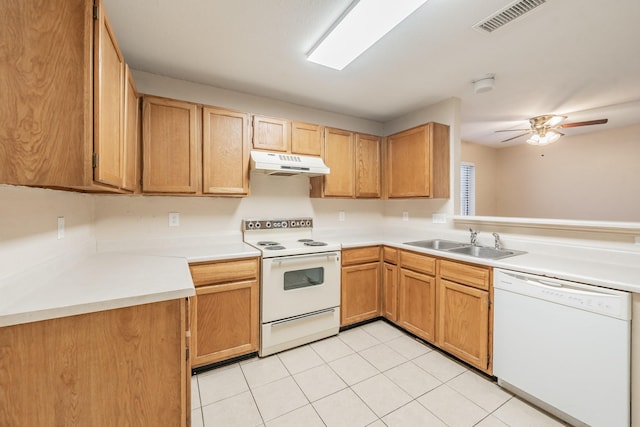 kitchen featuring ceiling fan, sink, light tile patterned floors, and white appliances